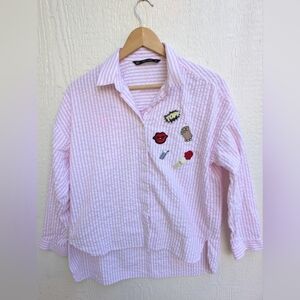 Zara Pink Striped Seersucker Button Down Top Shirt With Movie Theater Patches M